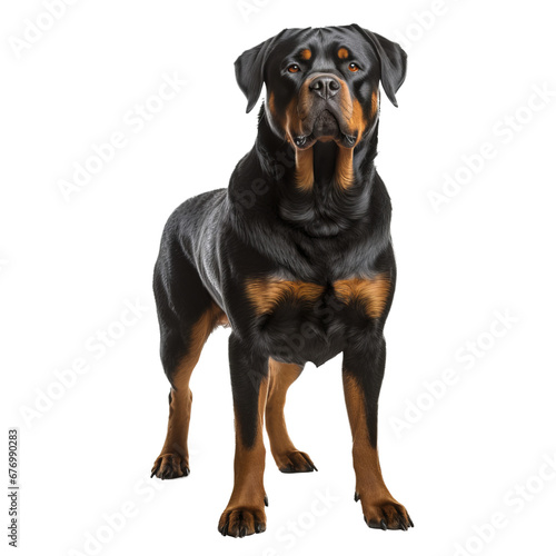 Rottweiler dog depicted in full body standing side-on  showcased clearly without background distractions  ideal for overlaying on varying backdrops.