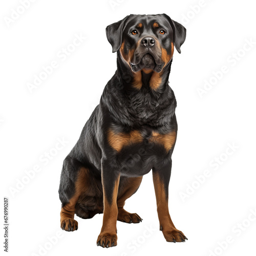 Rottweiler dog, full body displayed, on a transparent background, showcasing its muscular build and distinctive black and tan coat.