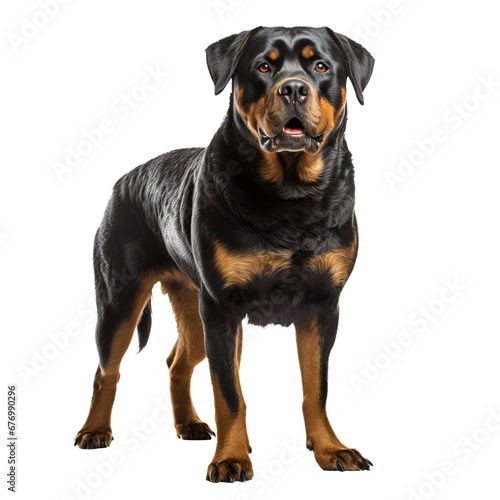 Rottweiler dog, full-bodied and alert stands on transparent background, showcasing its muscular build and shiny black and tan coat.