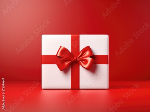 red gift box on a red background for Christmas or Valentine's Day © InfiniteStudio