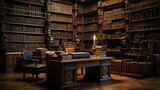 A library with a wall of historical documents and manuscripts.