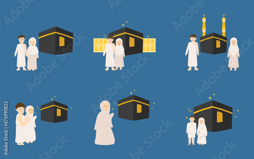 hajj illustration with people praying at mecca