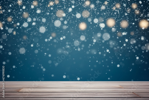 Snowy winter stage with wooden flooring, Christmas lights on a blue backdrop. Banner format, bright image, and ample copy space. 