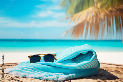 Tropical escape concept: Striped towel, sunglasses with sky reflection, straw hat, and palm leaves against white sand and turquoise ocean. Maldivian island vibes.