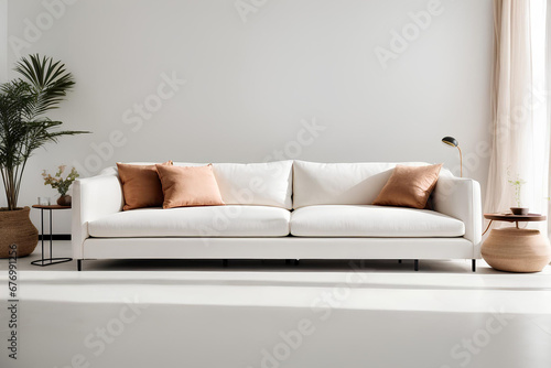All-white environment with white sofa and plants, cozy, elegant, clean - 1