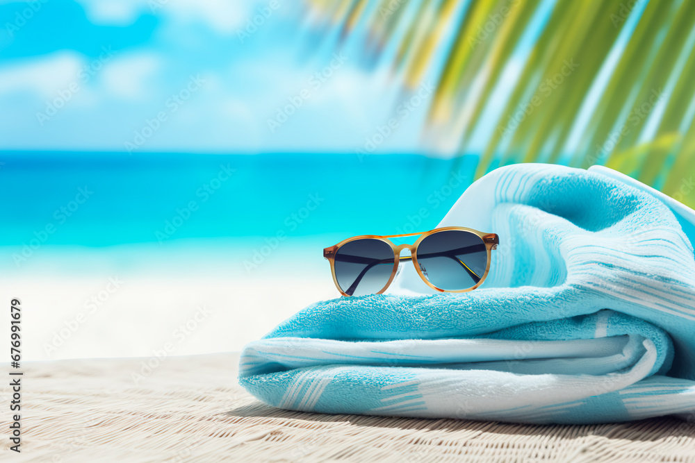 Tropical escape concept: Striped towel, sunglasses with sky reflection, straw hat, and palm leaves against white sand and turquoise ocean. Maldivian island vibes.