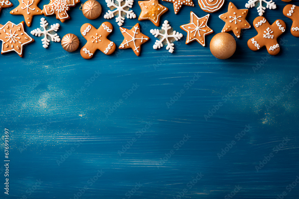 Holiday display of gingerbread cookies on a blue wooden backdrop. Charming ensemble with festive elements, evoking warmth and welcome. Bright image. 