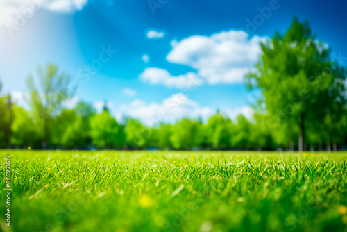 Blurred spring nature: Trimmed lawn, trees, and blue sky with clouds. Bright and sunny ambiance. Bright image. 