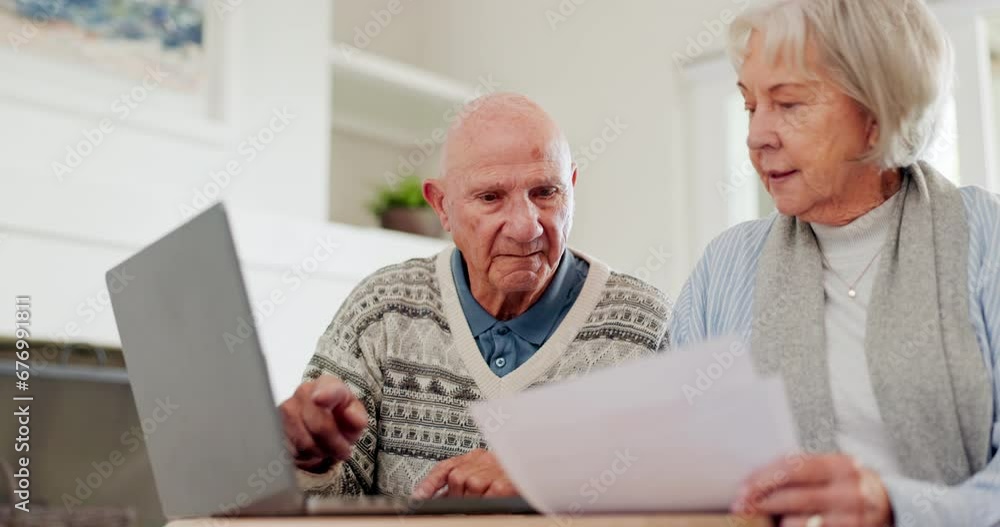 Laptop, elderly couple with financial document and discussion for taxes, savings and planning. Computer, serious man and woman with budget, mortgage or asset management, bank loan or payment in home Laptop, elderly couple with financial document and discussion for taxes, savings and planning. Computer, serious man and woman with budget, mortgage or asset management, bank loan or payment in home