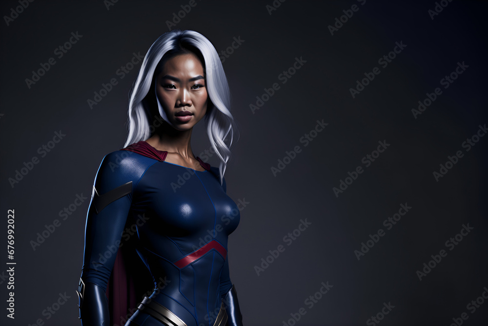 Asian woman in superhero costume. Young beautiful asiatic girl in superheroine suit Asian woman in superhero costume. Young beautiful asiatic girl in superheroine suit