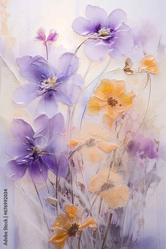 purple flowers on the wall in an abstract painting