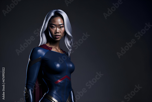 Asian woman in superhero costume. Young beautiful asiatic girl in superheroine suit