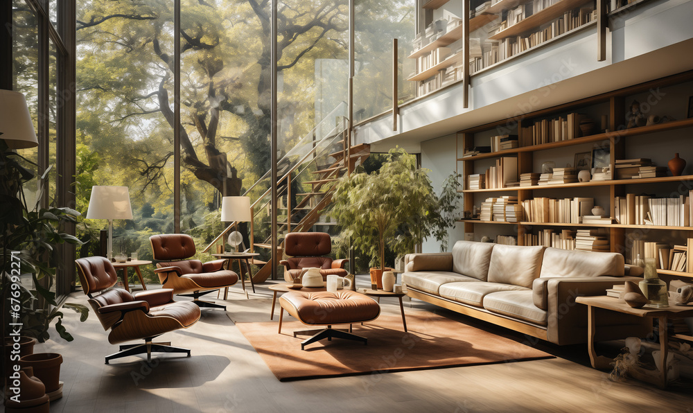 A living room of a modern house in the woods, bookshelves, glass wall - Generative AI