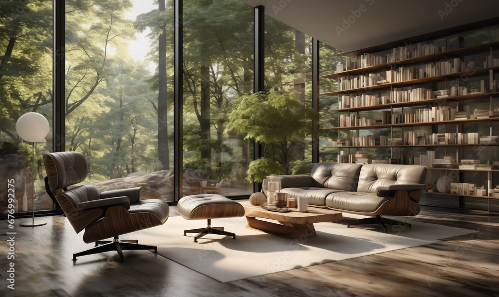 A living room of a modern house in the woods, bookshelves, glass wall - Generative AI A living room of a modern house in the woods, bookshelves, glass wall - Generative AI