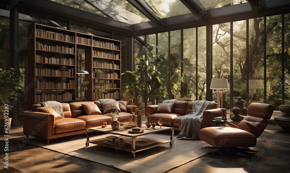 A living room of a modern house in the woods, bookshelves, glass wall - Generative AI