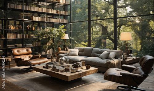 A living room of a modern house in the woods  bookshelves  glass wall - Generative AI