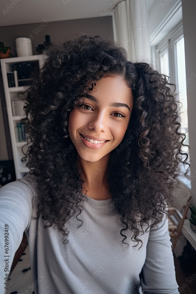 a woman with curly hair standing in a bedroom. a woman with curly hair standing in a bedroom.