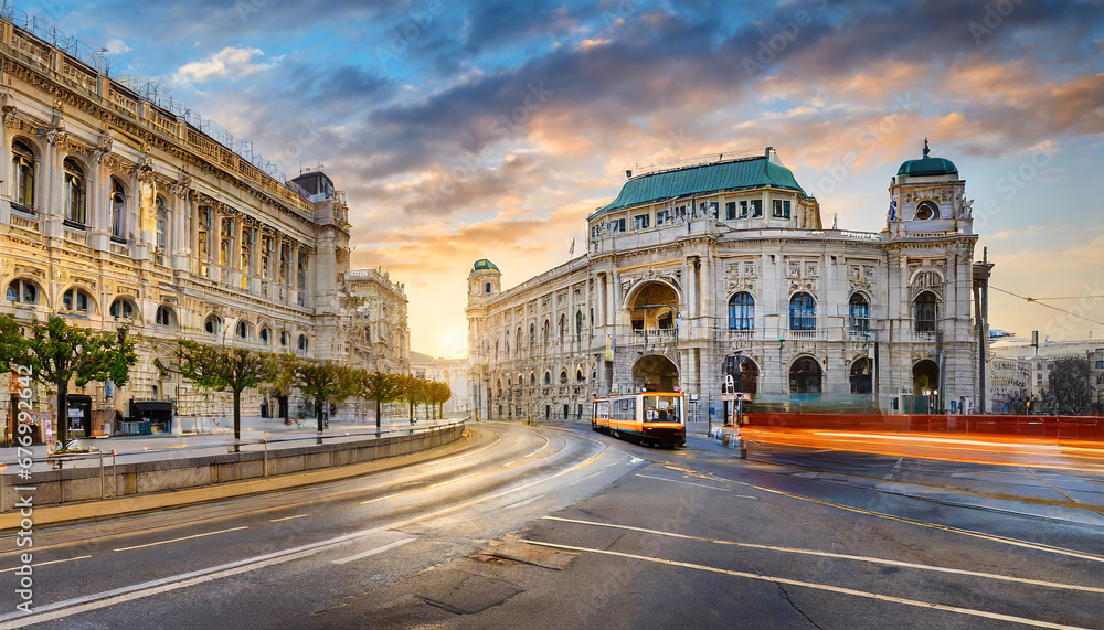 Naklejka premium Wiener Ringstrasse with Burgtheater and tram at sunrise, Vienna, Austria
