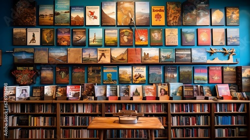 A library with a wall of travel guides and adventure literature. photo