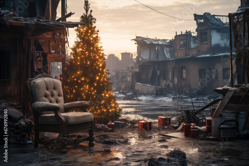 Post-apocalyptic Christmas, tree with lights, ruins, nuclear destruction photo