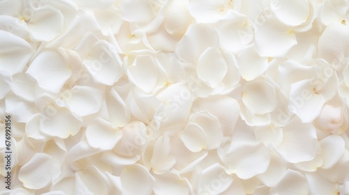 Beautiful white rose petals as background, top view
