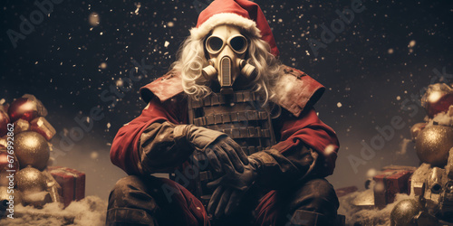 Post-apocalyptic Christmas, Santa Claus with gas mask, wide banner, nuclear destruction