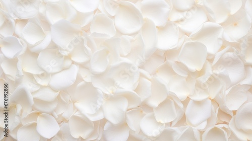 Beautiful white rose petals as background, top view