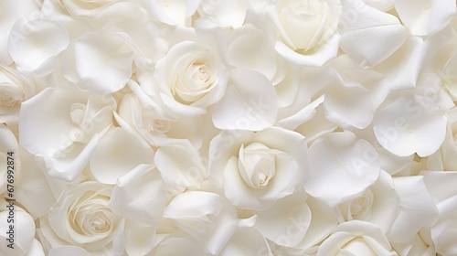 Beautiful white rose petals as background, top view photo