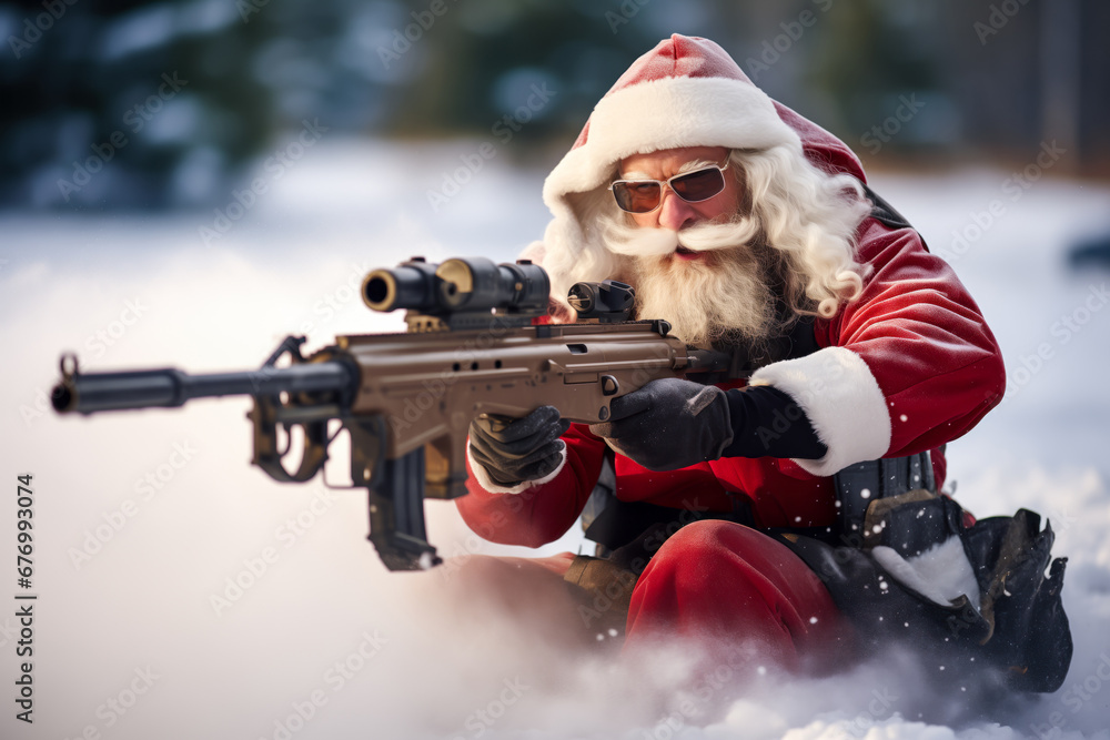 Santa Assault Rifle Santa Claus with a rifle outdoors in the snow, Christmas, sniper Stock ...