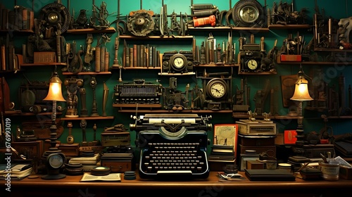 A library with a wall of vintage typewriters and writing instruments.