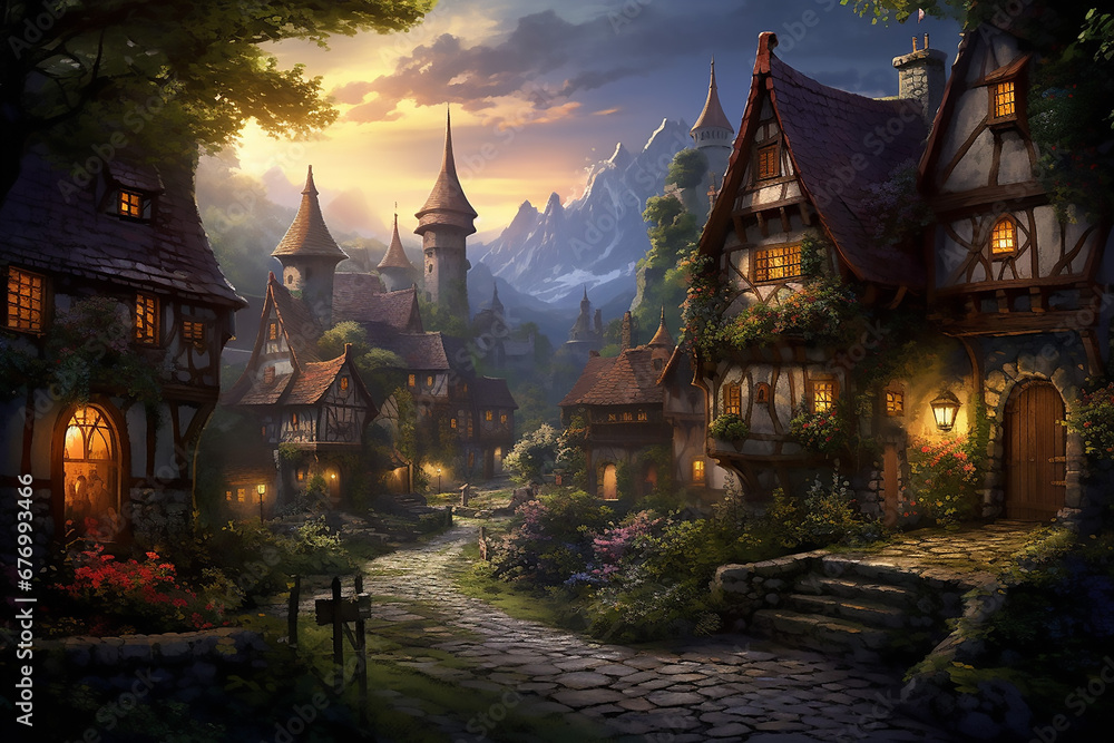 Magical fantasy fairytale village at night. A whimsical fairytale village comes to life under the enchanting night sky, where mystical lights dance around charming cottages. Magical fantasy fairytale village at night. A whimsical fairytale village comes to life under the enchanting night sky, where mystical lights dance around charming cottages.