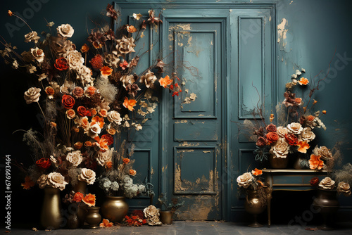 Autumn flowers decorate a wall at a photo shoot backdrop. AI generative
