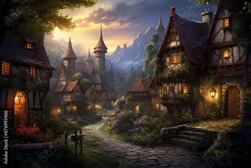 Magical fantasy fairytale village at night. A whimsical fairytale village comes to life under the enchanting night sky, where mystical lights dance around charming cottages.  © Ishara
