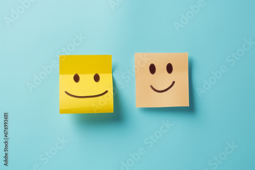 Positive attitude concept, one yellow and wheat color smiling sticky note emojis, happy face. photo
