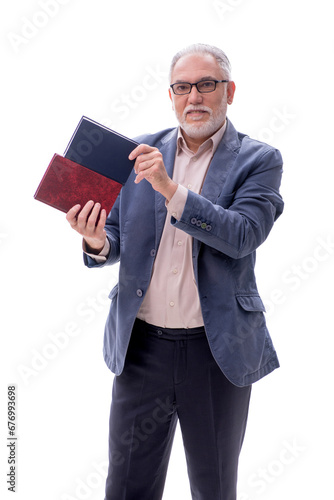 Old man holding book isolated on white © Elnur