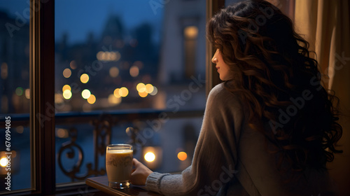 A moment of quiet reflection--an image of a beauty young woman by a window, gazing at winter lights in the city, holding a cup of tea, and capturing the serene beauty of the evening.  photo