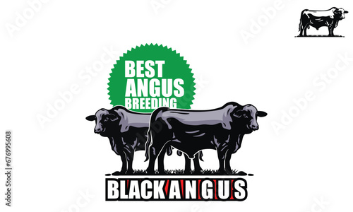 BEST ANGUS CATTLE BREEDING LOGO, silhouette of great black cow standing vector illustrations.