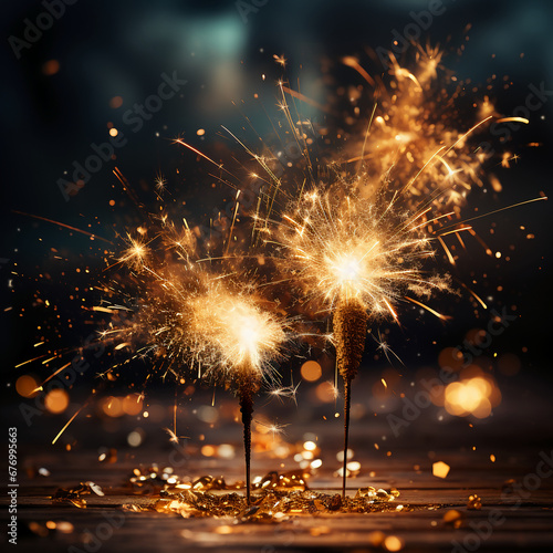 New Year Abstract golden fireworks dark background. AI generative