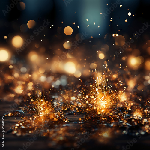 New Year Abstract golden fireworks dark background. AI generative