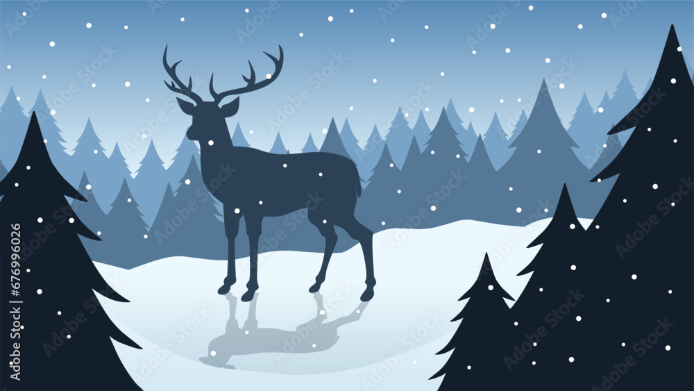 Wildlife in winter landscape vector illustration. Silhouette of reindeer at pine forest in cold season. Winter wildlife landscape for background, wallpaper or landing page Wildlife in winter landscape vector illustration. Silhouette of reindeer at pine forest in cold season. Winter wildlife landscape for background, wallpaper or landing page