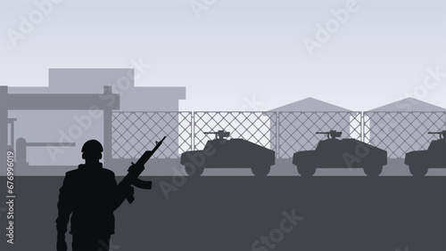 Military base landscape vector illustration. Silhouette of at military base with soldier and armored vehicles. Military landscape for background, wallpaper or landing page
