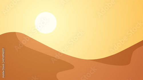 Desert landscape vector illustration. Sand desert landscape with heat sun and dune. Subtropical desert landscape for background, wallpaper or landing page