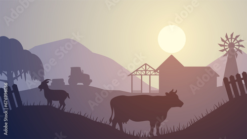 Countryside landscape vector illustration. Farm silhouette landscape with livestock, farmhouse and cow. Rural scenery silhouette for background, wallpaper or landing page