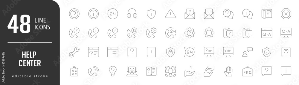 Help CenterLine Editable stoke Icons set. Vector illustration in modern thin lineal icons types: Information, Question, Protection, Support, Message question, and more. Help CenterLine Editable stoke Icons set. Vector illustration in modern thin lineal icons types: Information, Question, Protection, Support, Message question, and more.