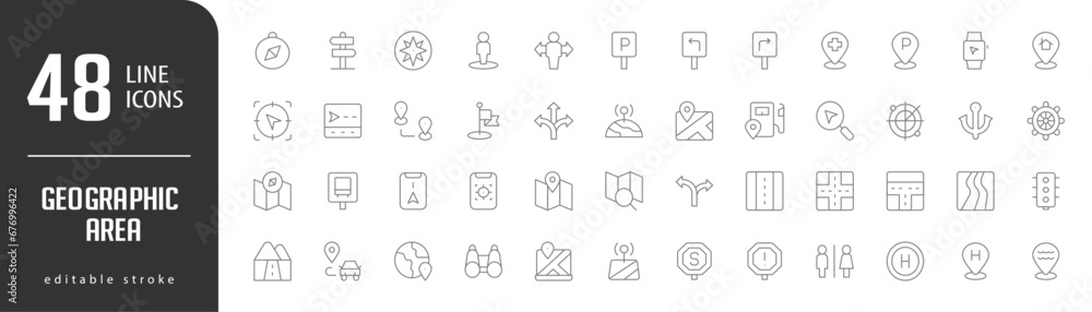Geographic AreaLine Editable stoke Icons set. Vector illustration in modern thin lineal icons types: Nearby, Decision, Parking SIgn, Turn left, Medical center Location,  and more.