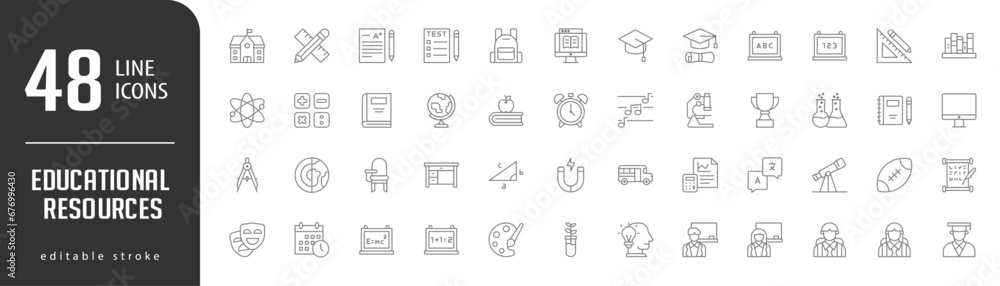 Educational ResourcesLine Editable stoke Icons set. Vector illustration in modern thin lineal icons types: pencil ruler cross, School, exam A+ score, test exam sheet, Bag,  and more.