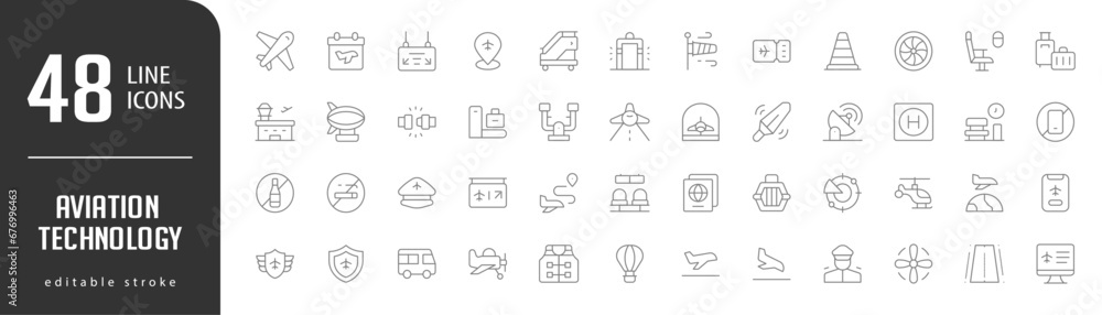 Travel Line Editable Icons set. Vector illustration in modern thin lineal icons types: Plane, Schedule, Bording Sign, Ladder, Place,  and more.