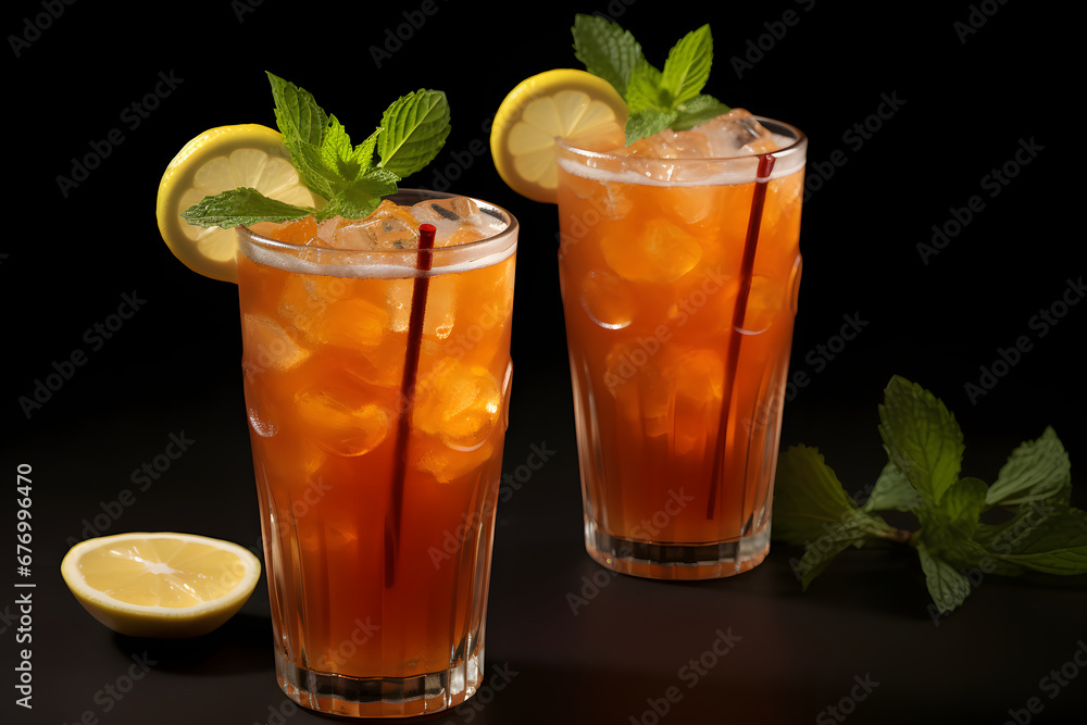 Stemmed glasses filled with sparkling Thai tea lemonade, garnished with lemon slices, a sprig of mint, and a sugared rim, realistic photo. Ai Generated.NO.03 Stemmed glasses filled with sparkling Thai tea lemonade, garnished with lemon slices, a sprig of mint, and a sugared rim, realistic photo. Ai Generated.NO.03