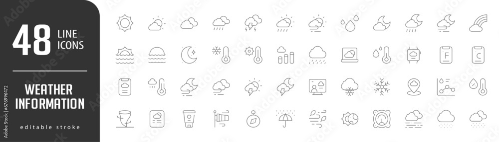 Weather informationLine Editable stoke Icons set. Vector illustration in modern thin lineal icons types: Cloudy Day, Cloudy, Sun, Cloudy Rain, Cloudy Storm,  and more.