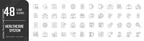 Healthcare SystemLine Editable stoke Icons set. Vector illustration in modern thin lineal icons types: OnlineHealthcare, Pharmacy Map, mail pharmacy, Digital Doctor, digital Hospital, and more.